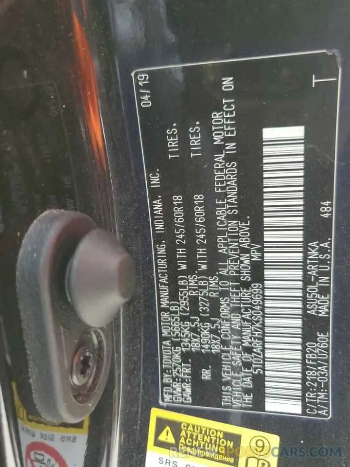 14 fotografías del automóvil dañado 5TDZARFH7KS049699 TOYOTA HIGHLANDER 2019