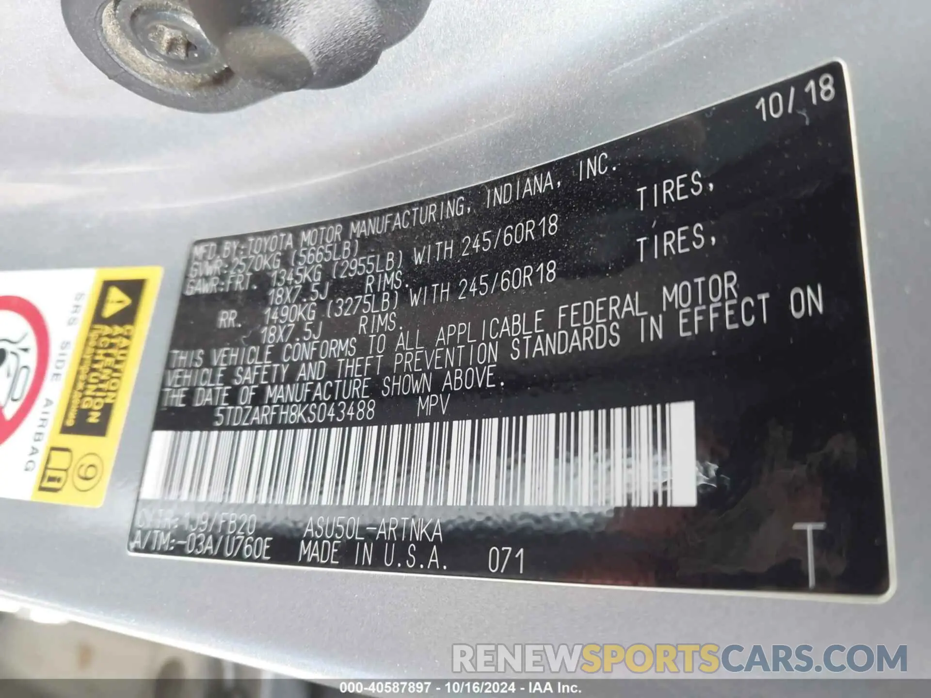 9 fotografías del automóvil dañado 5TDZARFH8KS043488 TOYOTA HIGHLANDER 2019