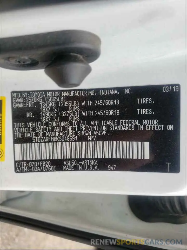 10 fotografías del automóvil dañado 5TDZARFH8KS048691 TOYOTA HIGHLANDER 2019