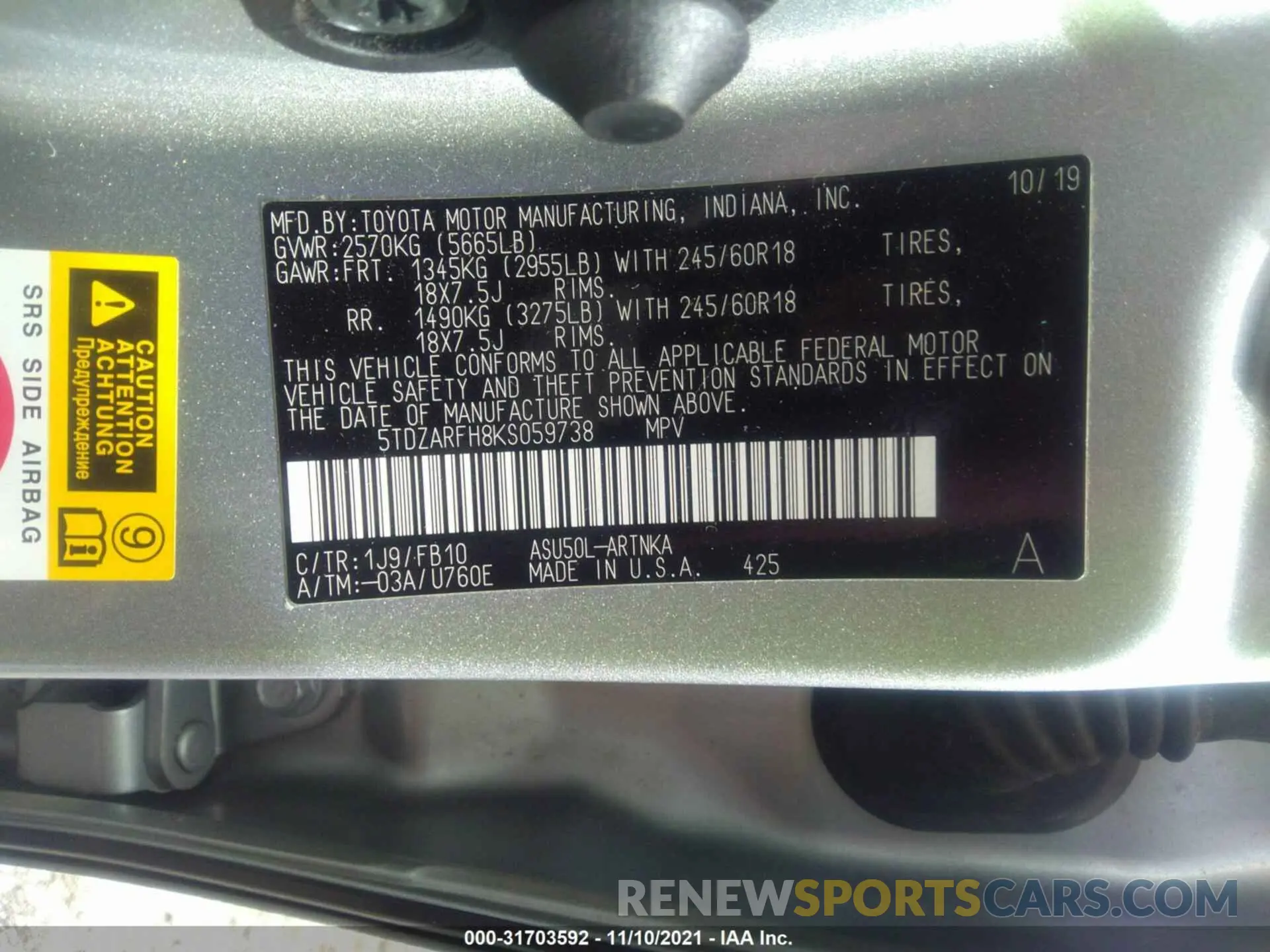 9 fotografías del automóvil dañado 5TDZARFH8KS059738 TOYOTA HIGHLANDER 2019