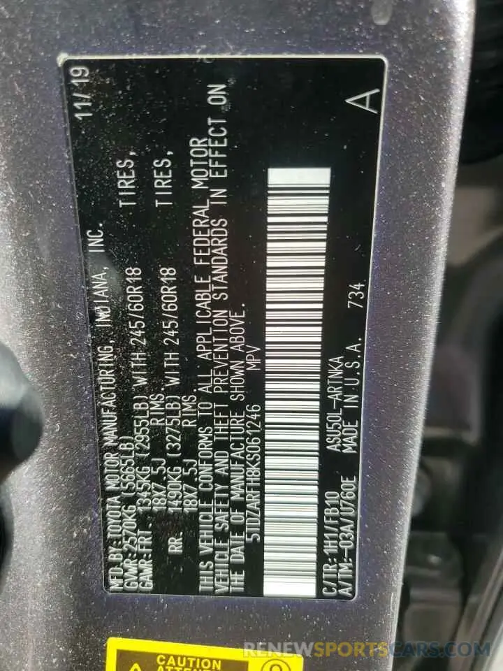 12 fotografías del automóvil dañado 5TDZARFH8KS061246 TOYOTA HIGHLANDER 2019
