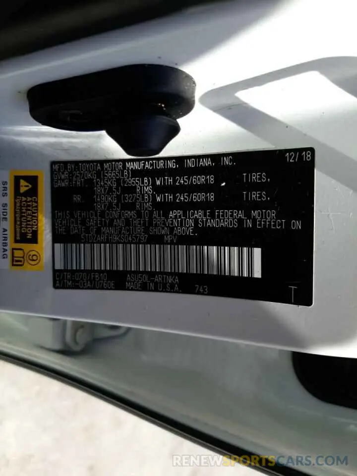 10 fotografías del automóvil dañado 5TDZARFH9KS045797 TOYOTA HIGHLANDER 2019
