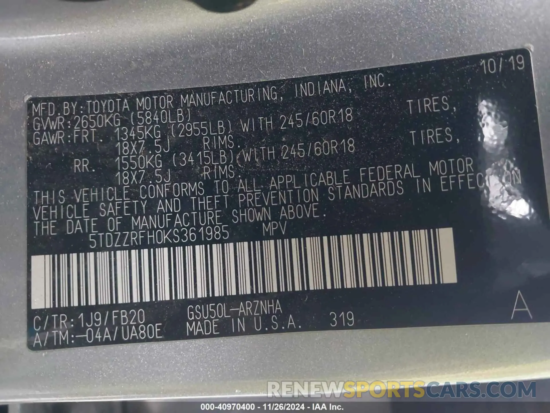 9 fotografías del automóvil dañado 5TDZZRFH0KS361985 TOYOTA HIGHLANDER 2019