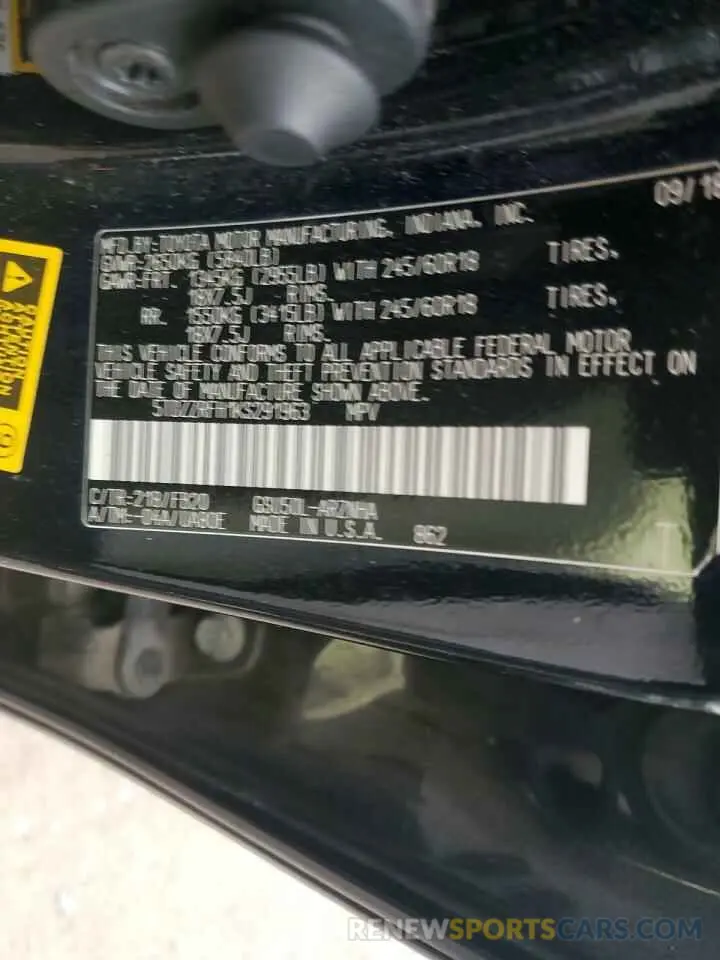 12 fotografías del automóvil dañado 5TDZZRFH1KS291963 TOYOTA HIGHLANDER 2019
