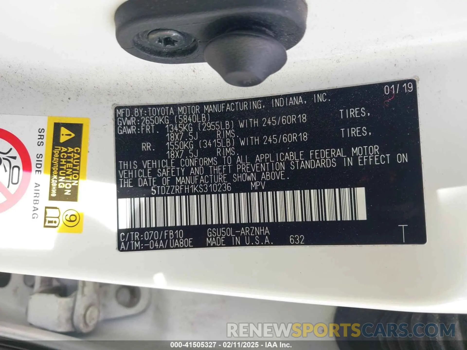 9 fotografías del automóvil dañado 5TDZZRFH1KS310236 TOYOTA HIGHLANDER 2019