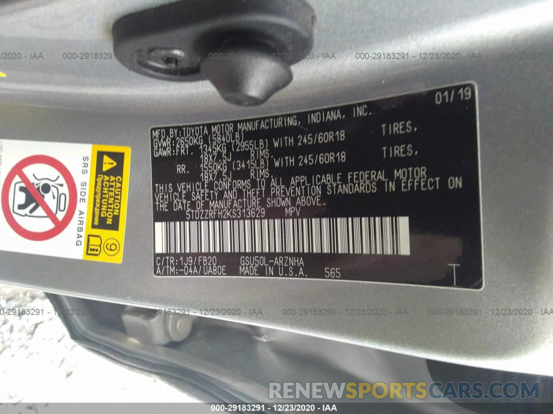 9 fotografías del automóvil dañado 5TDZZRFH2KS313629 TOYOTA HIGHLANDER 2019