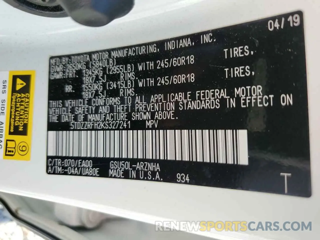 13 fotografías del automóvil dañado 5TDZZRFH2KS327241 TOYOTA HIGHLANDER 2019