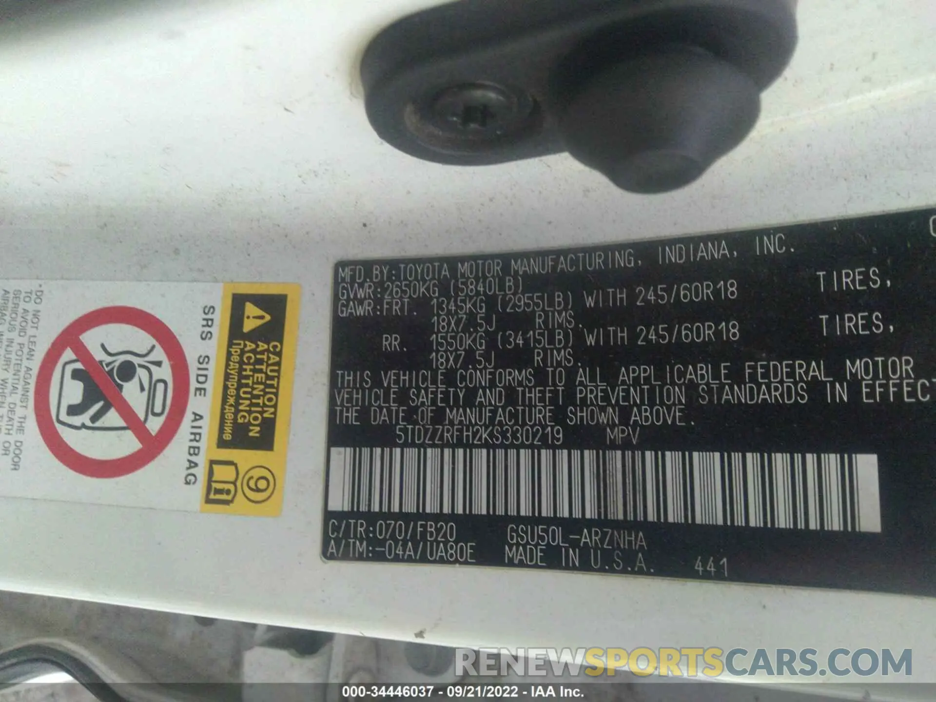 9 fotografías del automóvil dañado 5TDZZRFH2KS330219 TOYOTA HIGHLANDER 2019