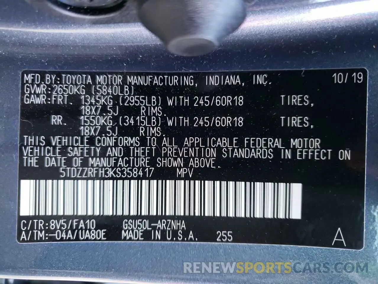 10 fotografías del automóvil dañado 5TDZZRFH3KS358417 TOYOTA HIGHLANDER 2019