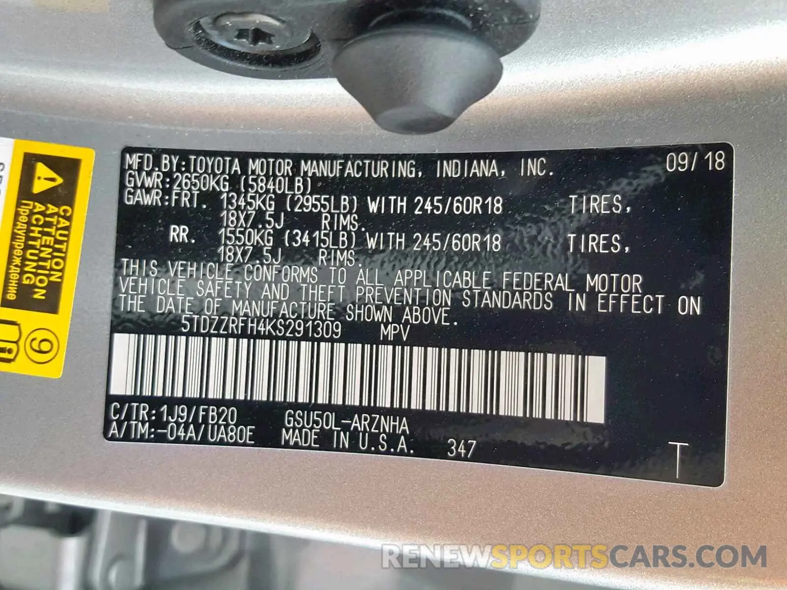 10 fotografías del automóvil dañado 5TDZZRFH4KS291309 TOYOTA HIGHLANDER 2019