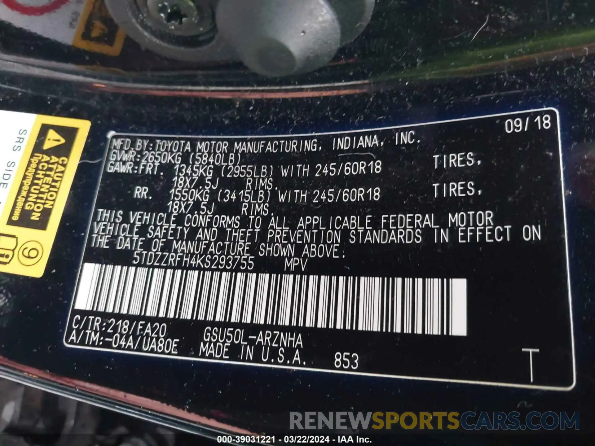 9 fotografías del automóvil dañado 5TDZZRFH4KS293755 TOYOTA HIGHLANDER 2019