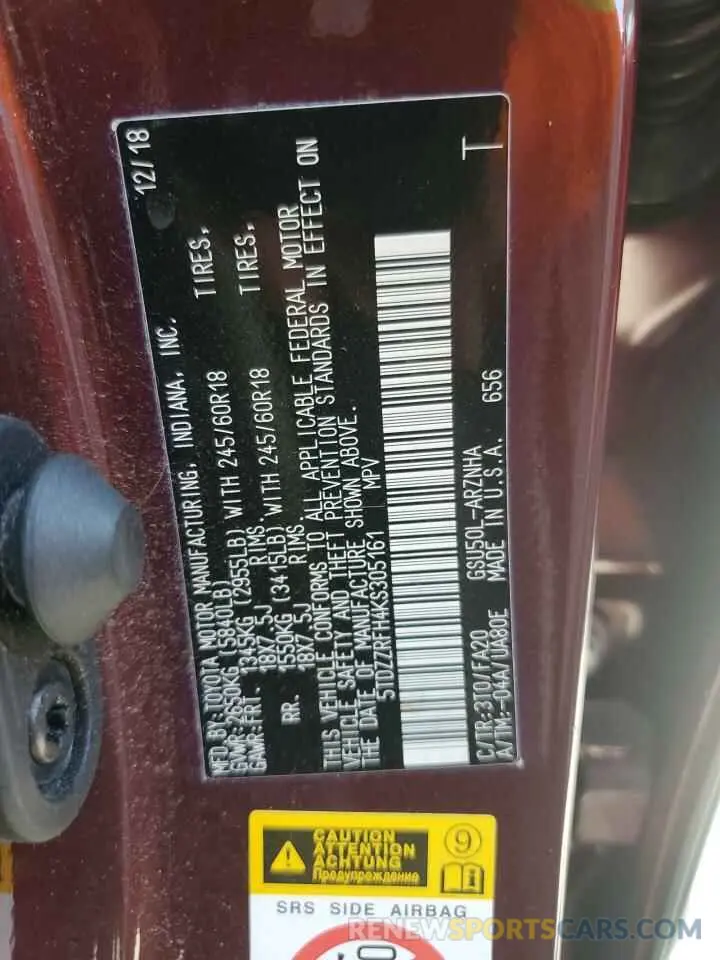 13 fotografías del automóvil dañado 5TDZZRFH4KS305161 TOYOTA HIGHLANDER 2019