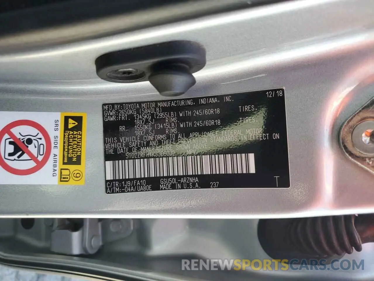 13 fotografías del automóvil dañado 5TDZZRFH4KS309002 TOYOTA HIGHLANDER 2019