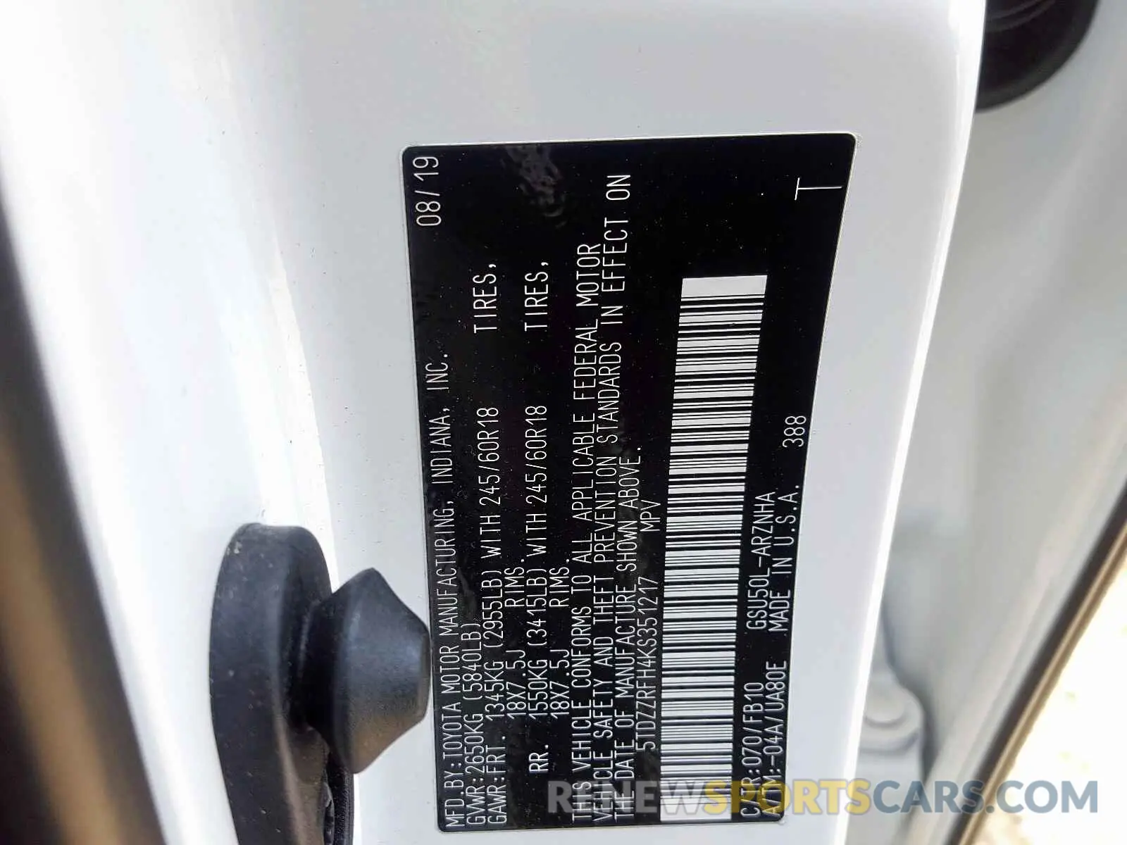 10 fotografías del automóvil dañado 5TDZZRFH4KS351217 TOYOTA HIGHLANDER 2019