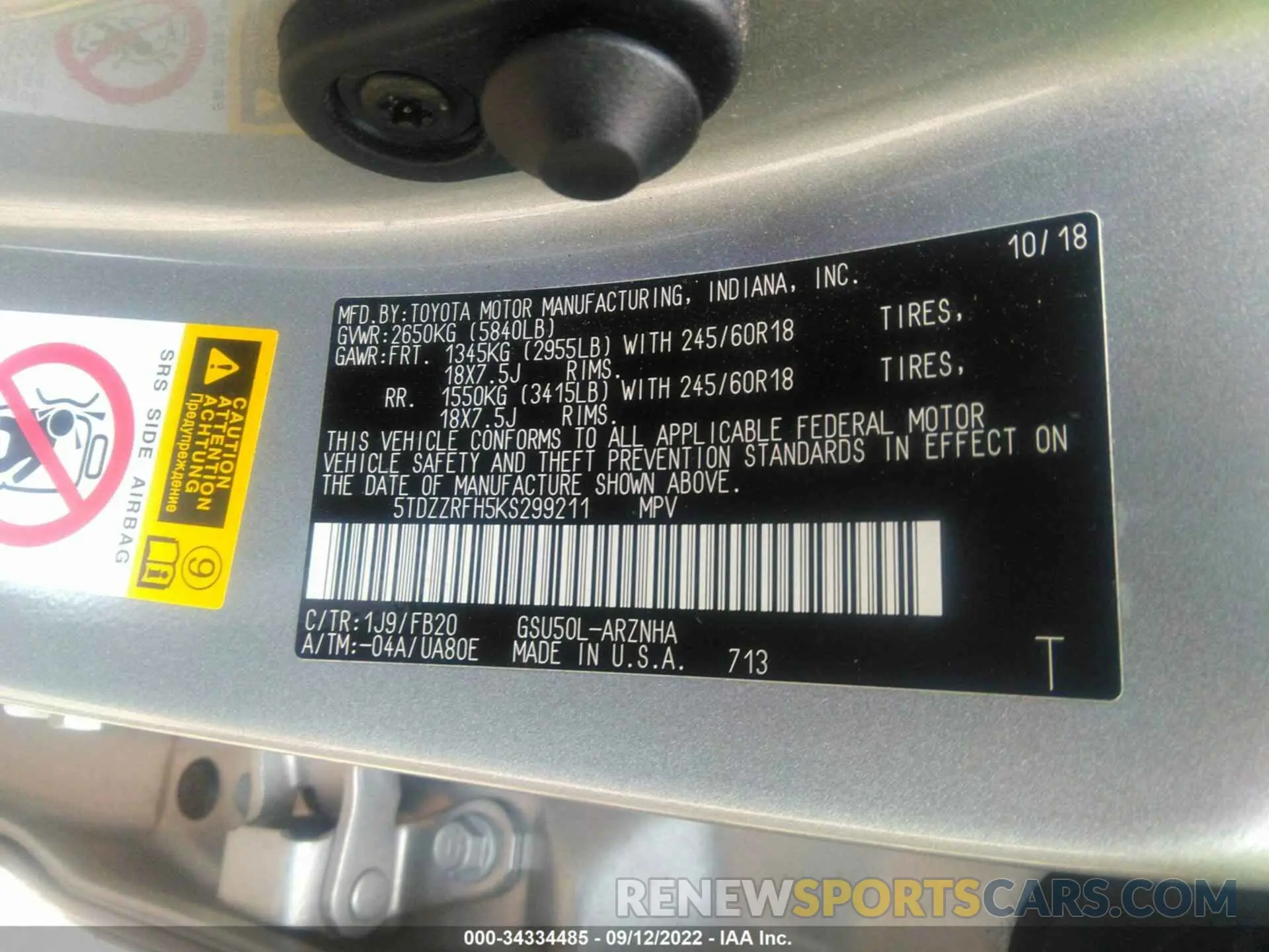 9 fotografías del automóvil dañado 5TDZZRFH5KS299211 TOYOTA HIGHLANDER 2019