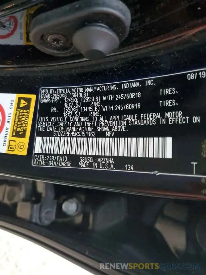 14 fotografías del automóvil dañado 5TDZZRFH5KS351162 TOYOTA HIGHLANDER 2019