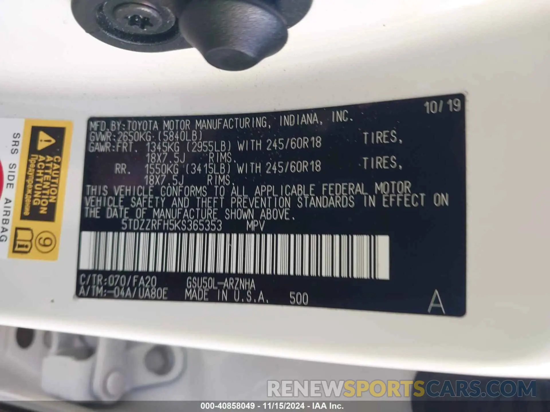 9 fotografías del automóvil dañado 5TDZZRFH5KS365353 TOYOTA HIGHLANDER 2019