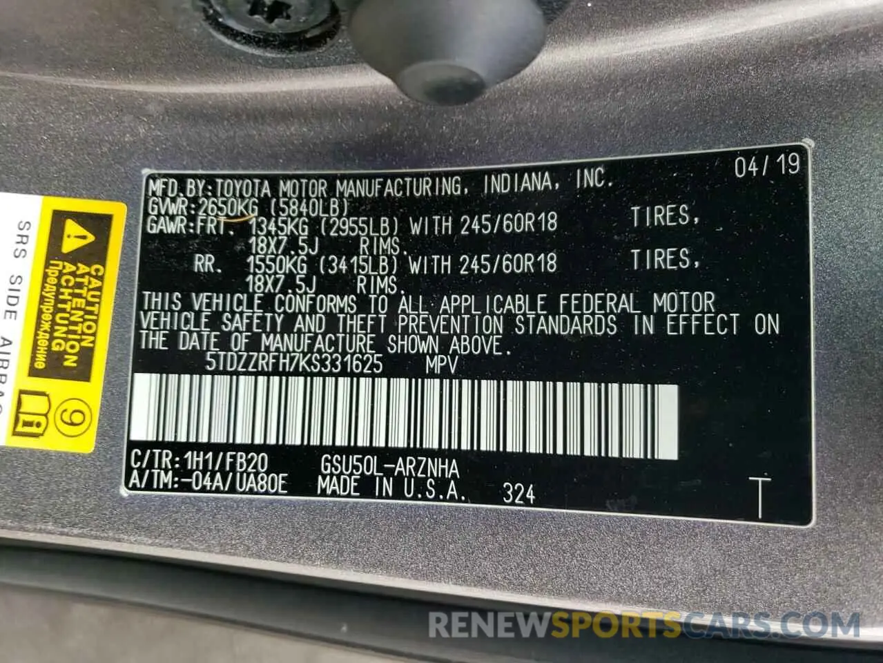 10 fotografías del automóvil dañado 5TDZZRFH7KS331625 TOYOTA HIGHLANDER 2019