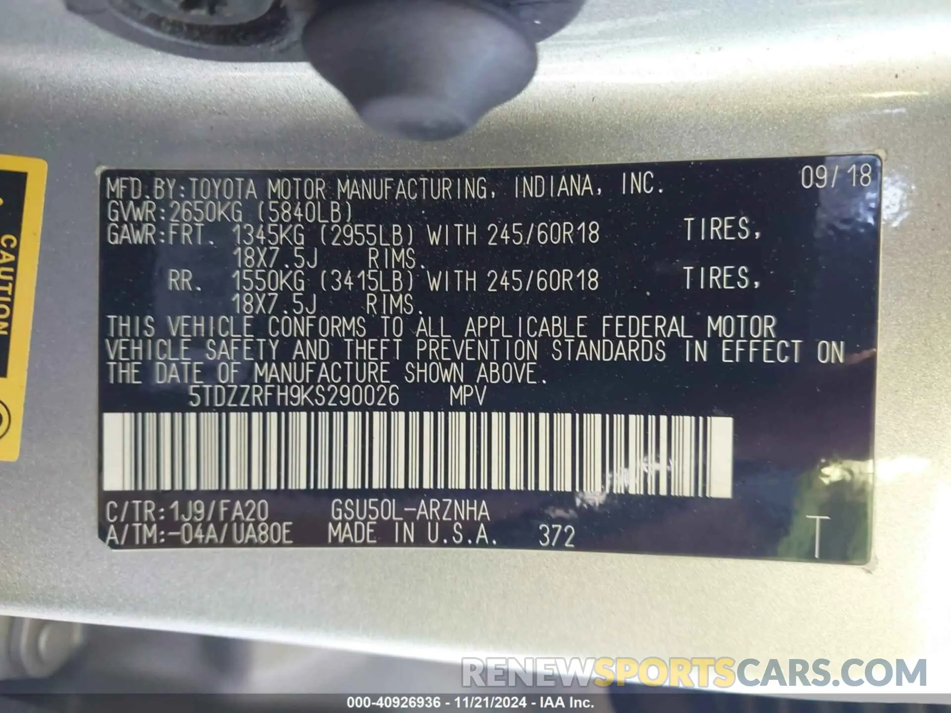 9 fotografías del automóvil dañado 5TDZZRFH9KS290026 TOYOTA HIGHLANDER 2019