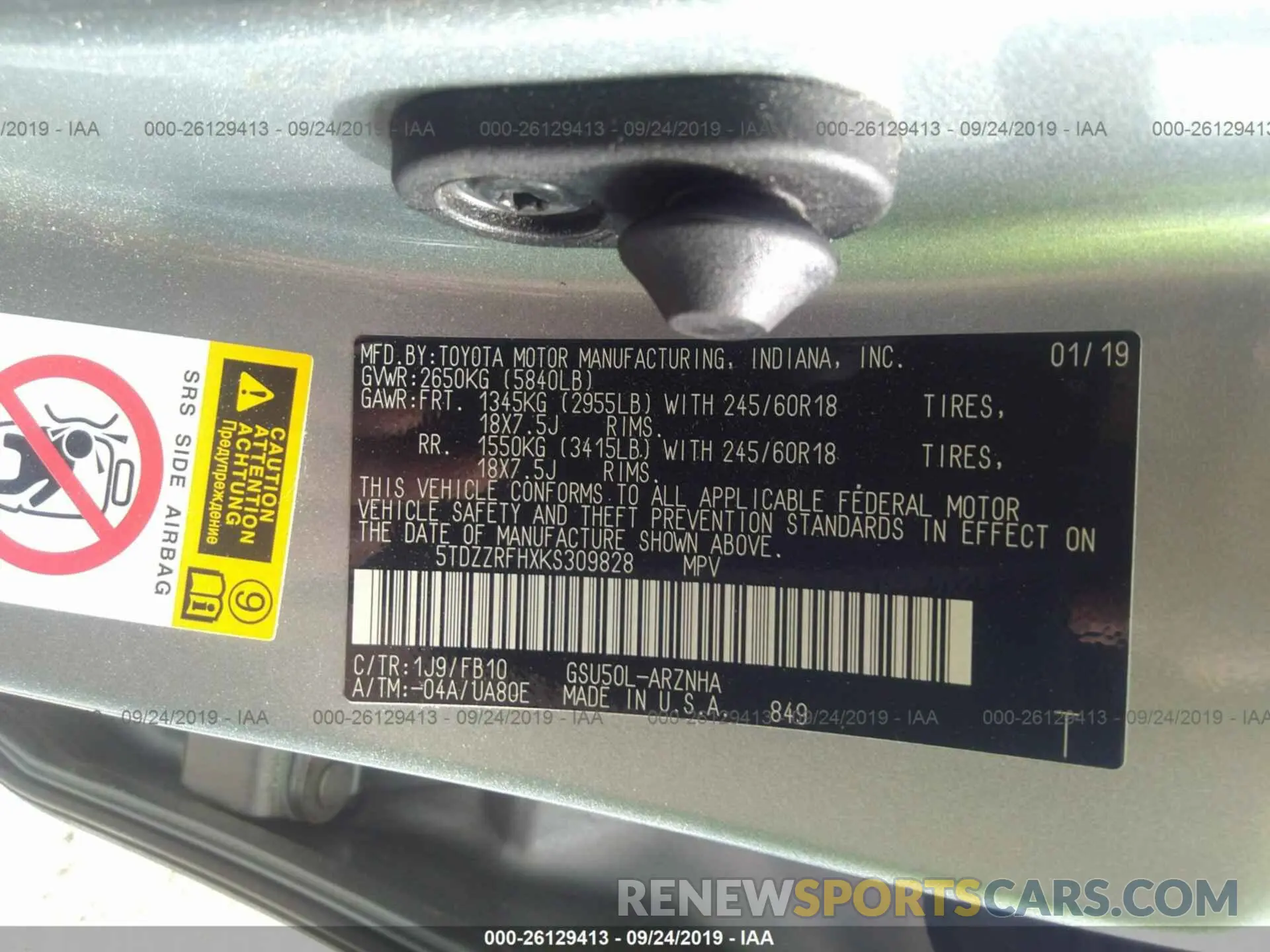 9 fotografías del automóvil dañado 5TDZZRFHXKS309828 TOYOTA HIGHLANDER 2019