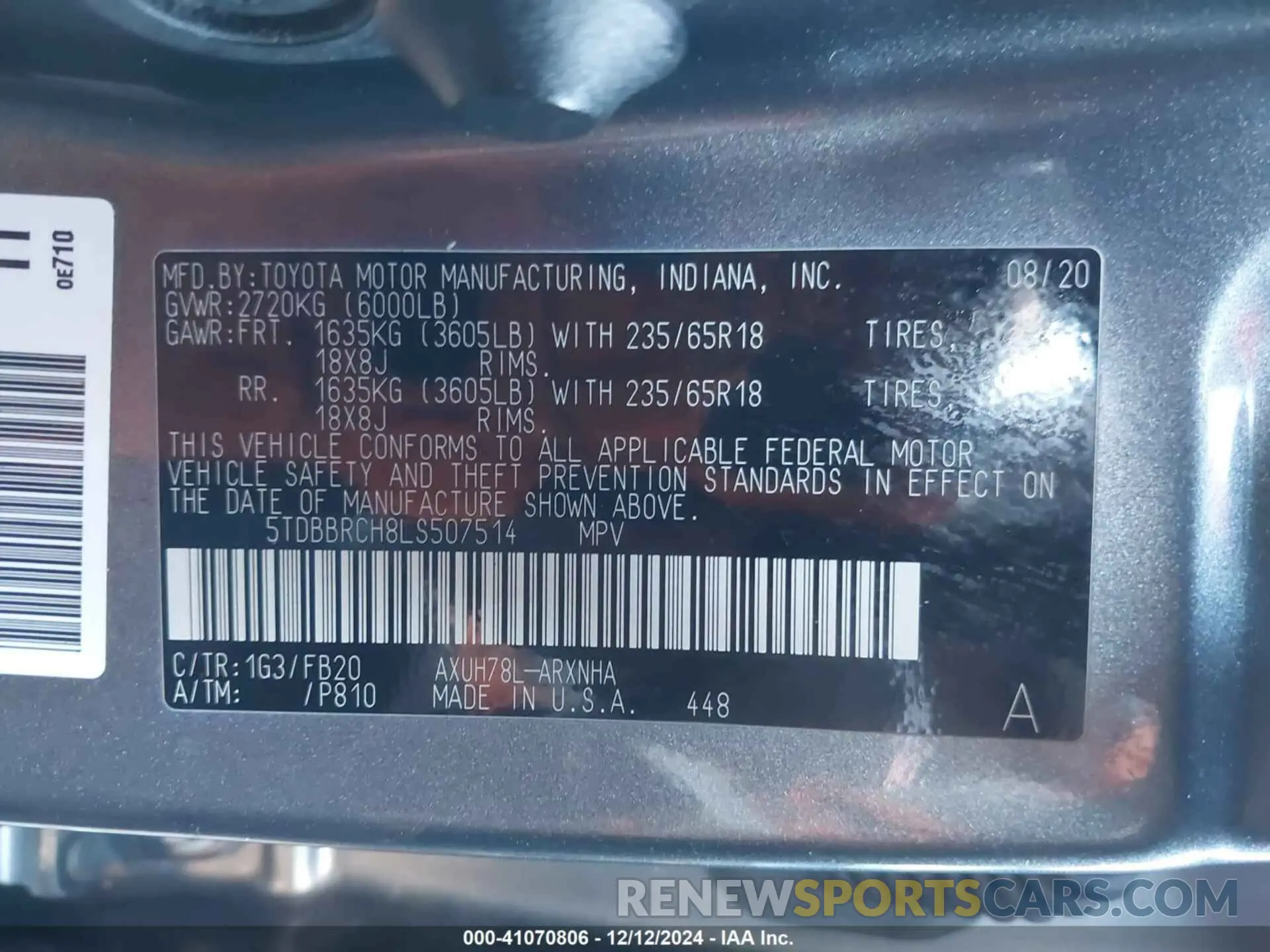 9 fotografías del automóvil dañado 5TDBBRCH8LS507514 TOYOTA HIGHLANDER 2020
