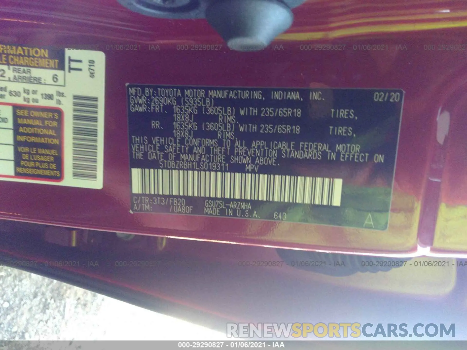 9 fotografías del automóvil dañado 5TDBZRBH1LS019311 TOYOTA HIGHLANDER 2020