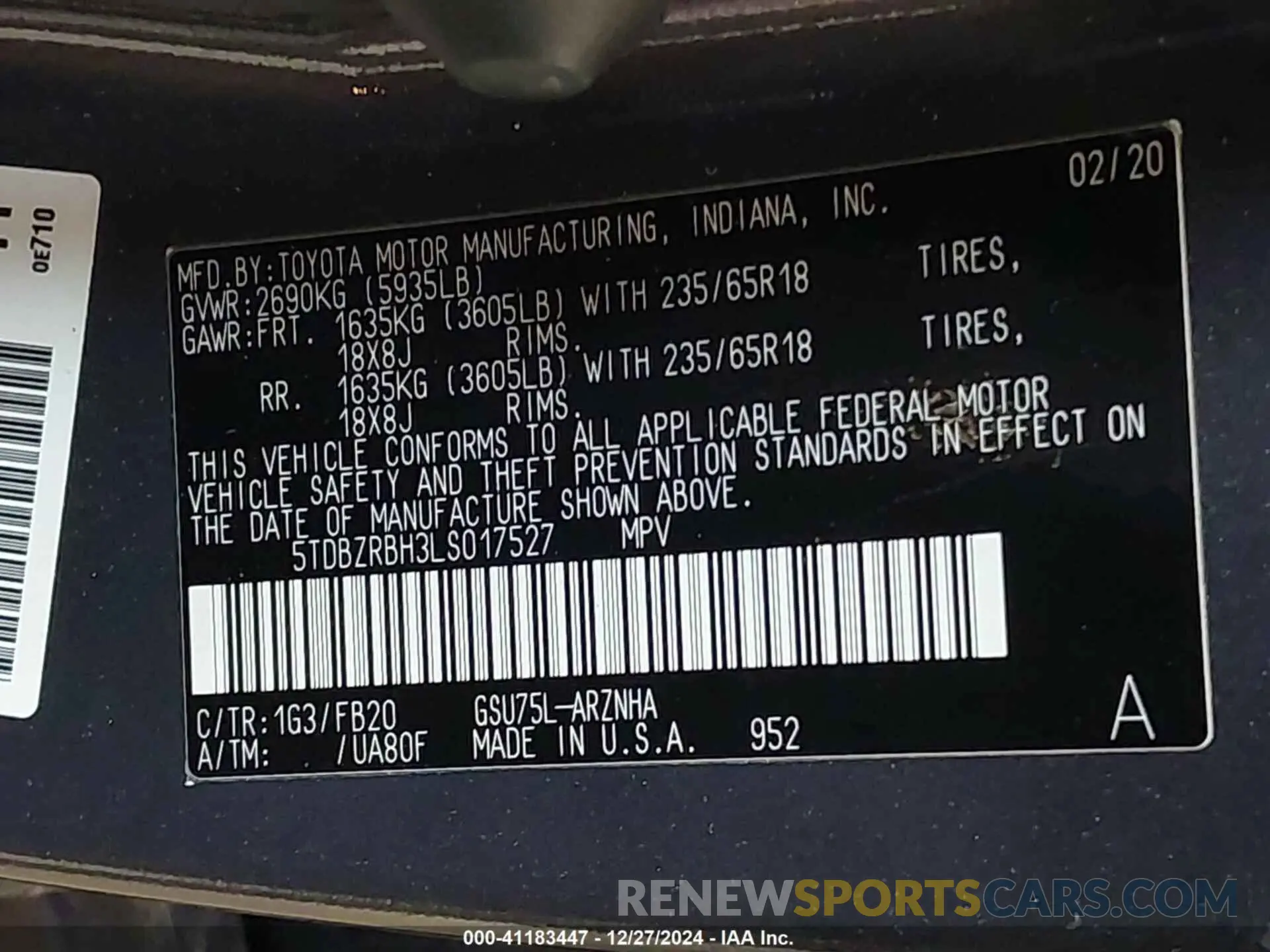 9 fotografías del automóvil dañado 5TDBZRBH3LS017527 TOYOTA HIGHLANDER 2020