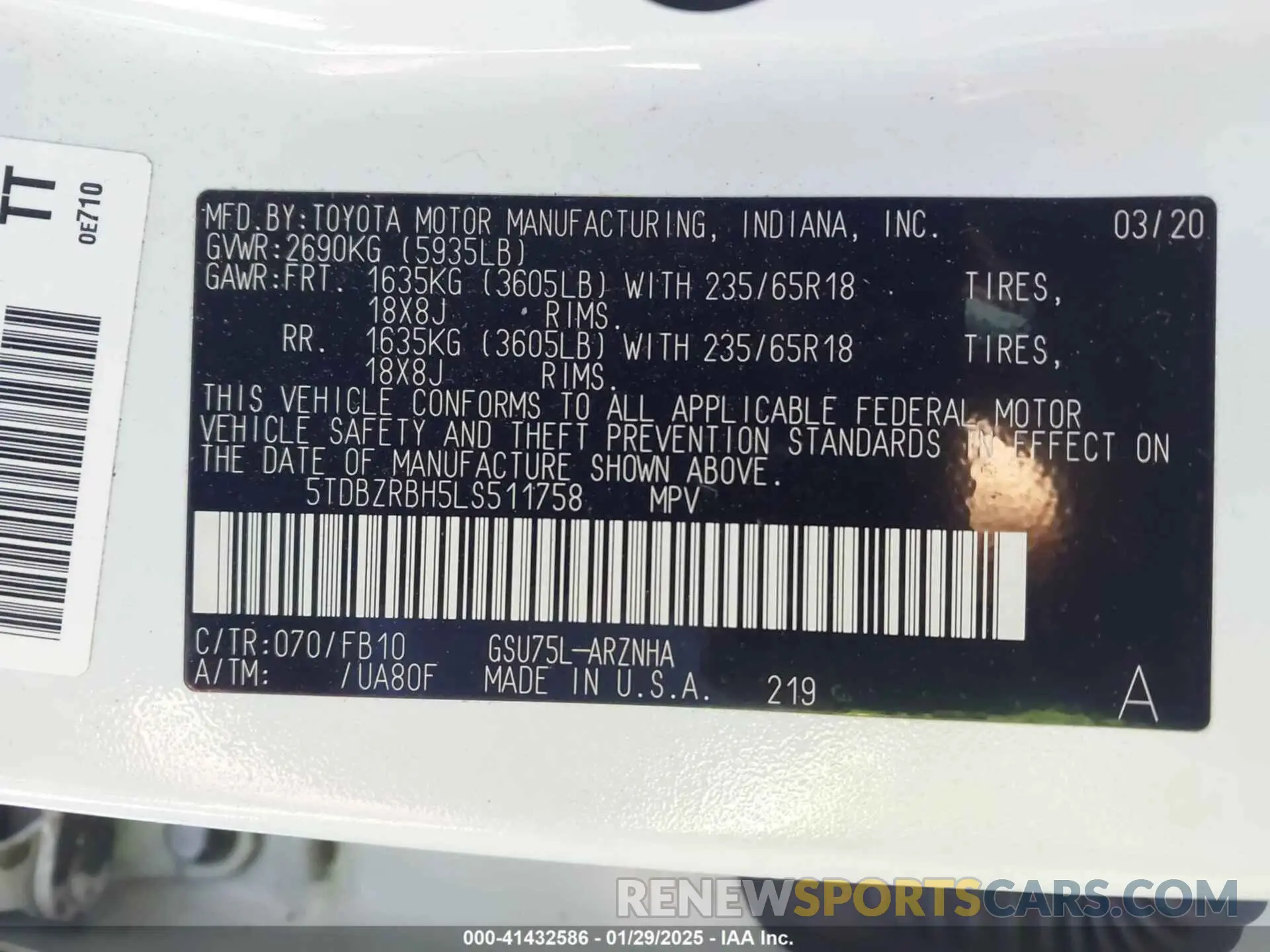 9 fotografías del automóvil dañado 5TDBZRBH5LS511758 TOYOTA HIGHLANDER 2020