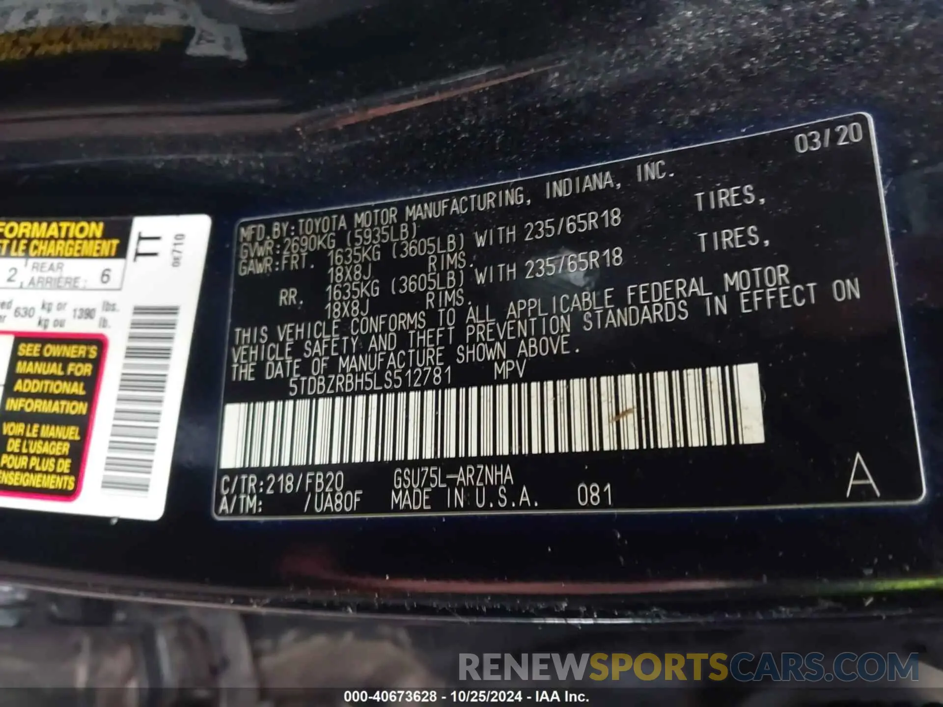 9 fotografías del automóvil dañado 5TDBZRBH5LS512781 TOYOTA HIGHLANDER 2020