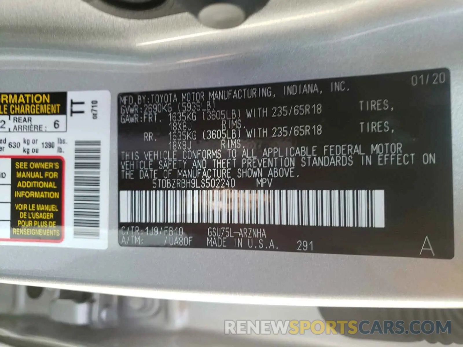 10 fotografías del automóvil dañado 5TDBZRBH9LS502240 TOYOTA HIGHLANDER 2020