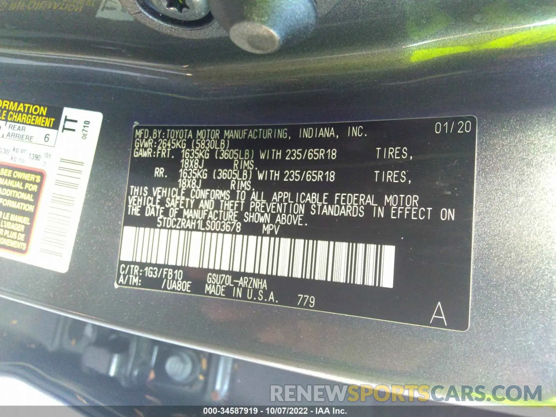 9 fotografías del automóvil dañado 5TDCZRAH1LS003678 TOYOTA HIGHLANDER 2020