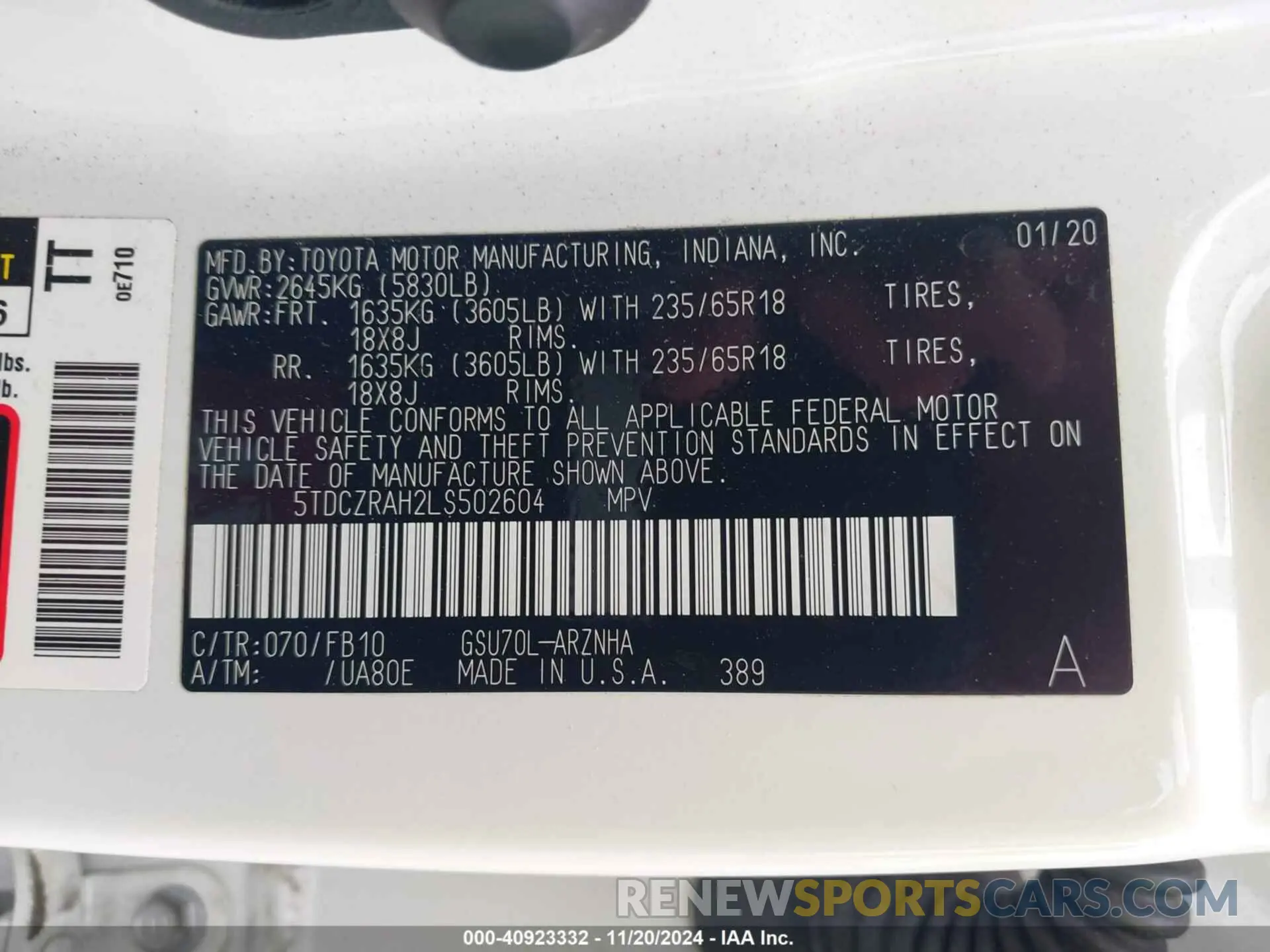 9 fotografías del automóvil dañado 5TDCZRAH2LS502604 TOYOTA HIGHLANDER 2020