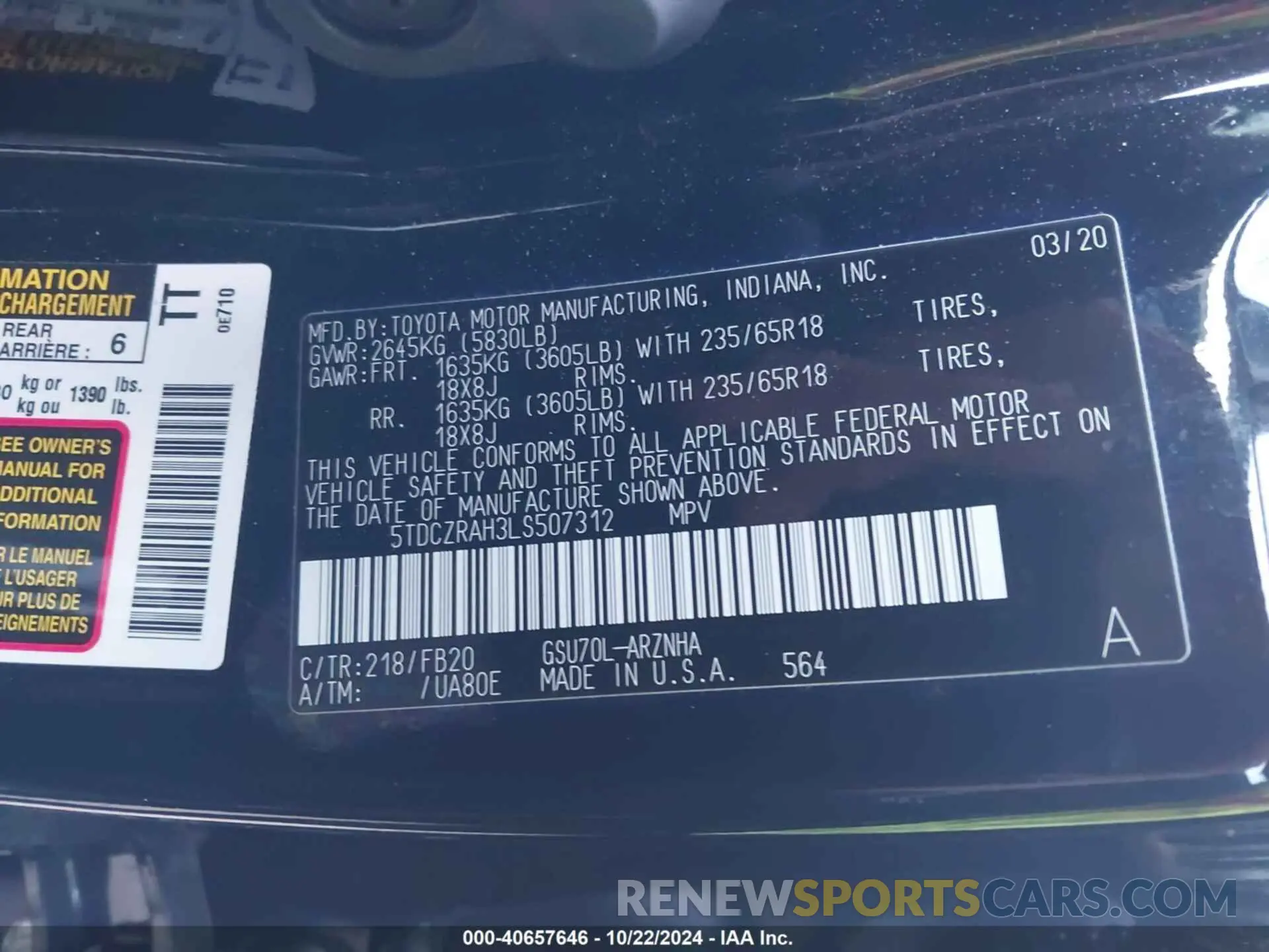9 fotografías del automóvil dañado 5TDCZRAH3LS507312 TOYOTA HIGHLANDER 2020