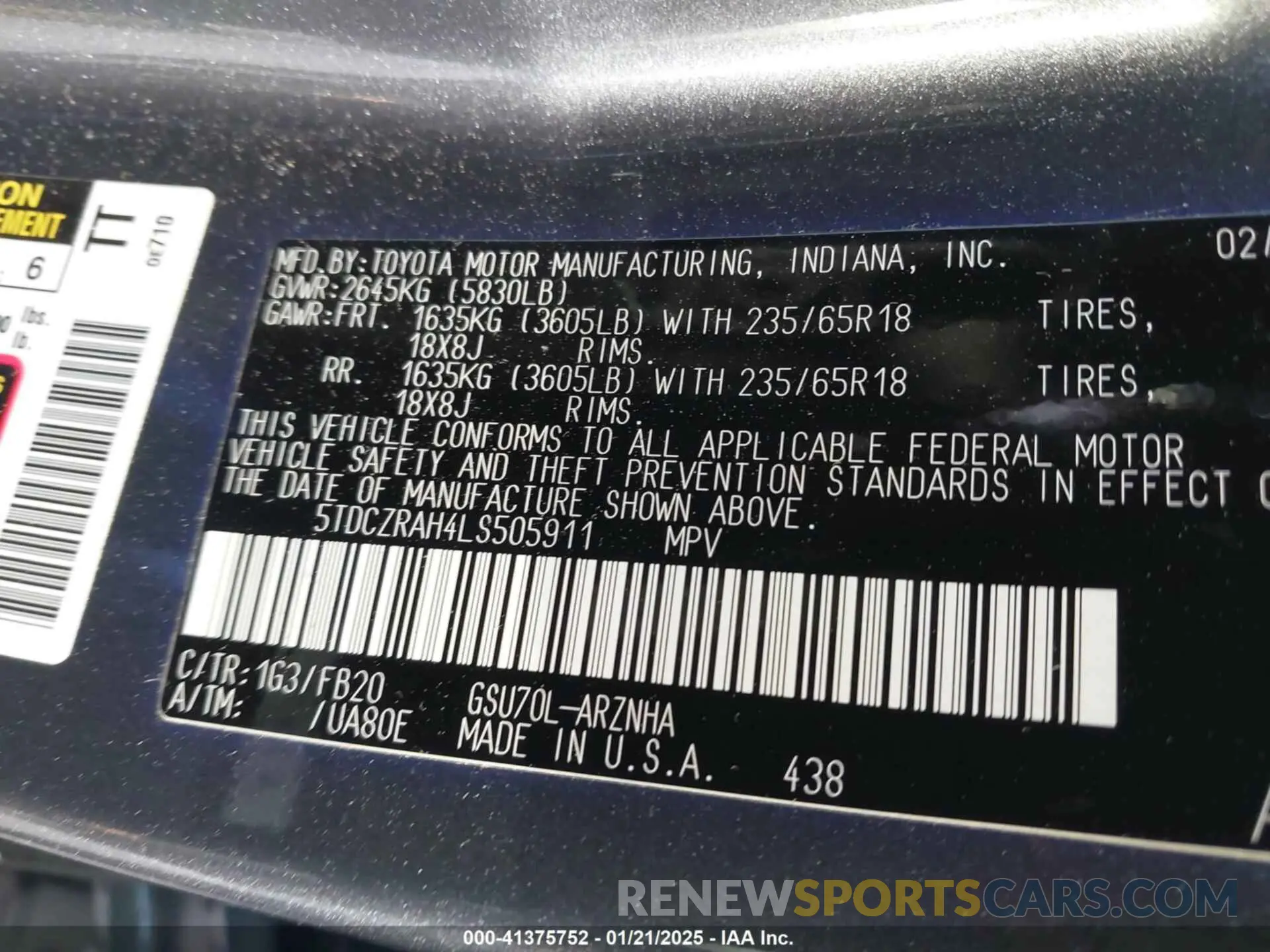 9 fotografías del automóvil dañado 5TDCZRAH4LS505911 TOYOTA HIGHLANDER 2020