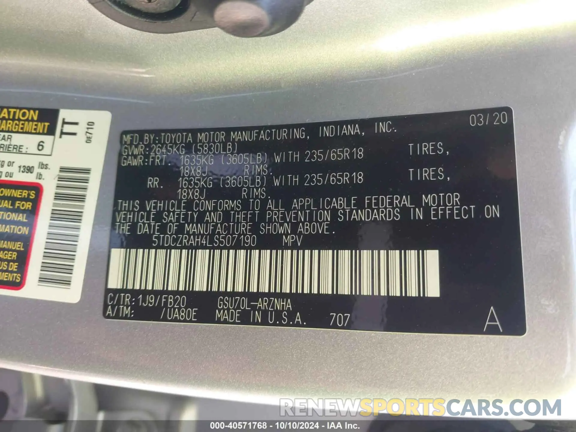 9 fotografías del automóvil dañado 5TDCZRAH4LS507190 TOYOTA HIGHLANDER 2020