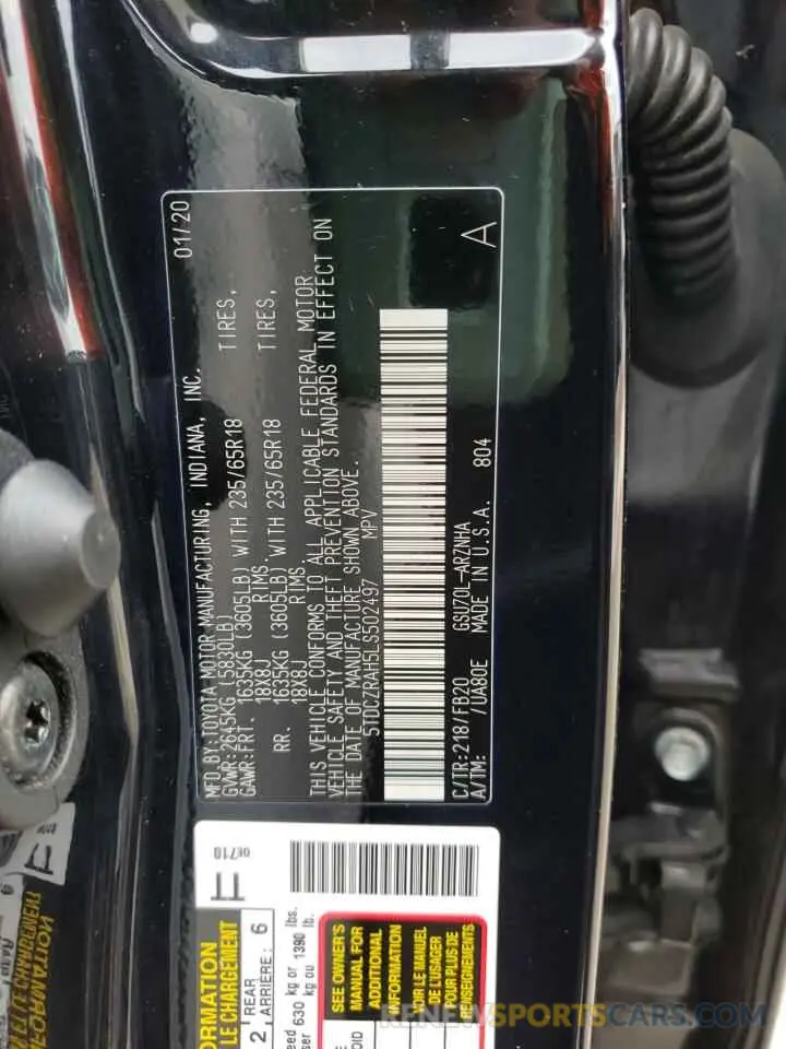 10 fotografías del automóvil dañado 5TDCZRAH5LS502497 TOYOTA HIGHLANDER 2020