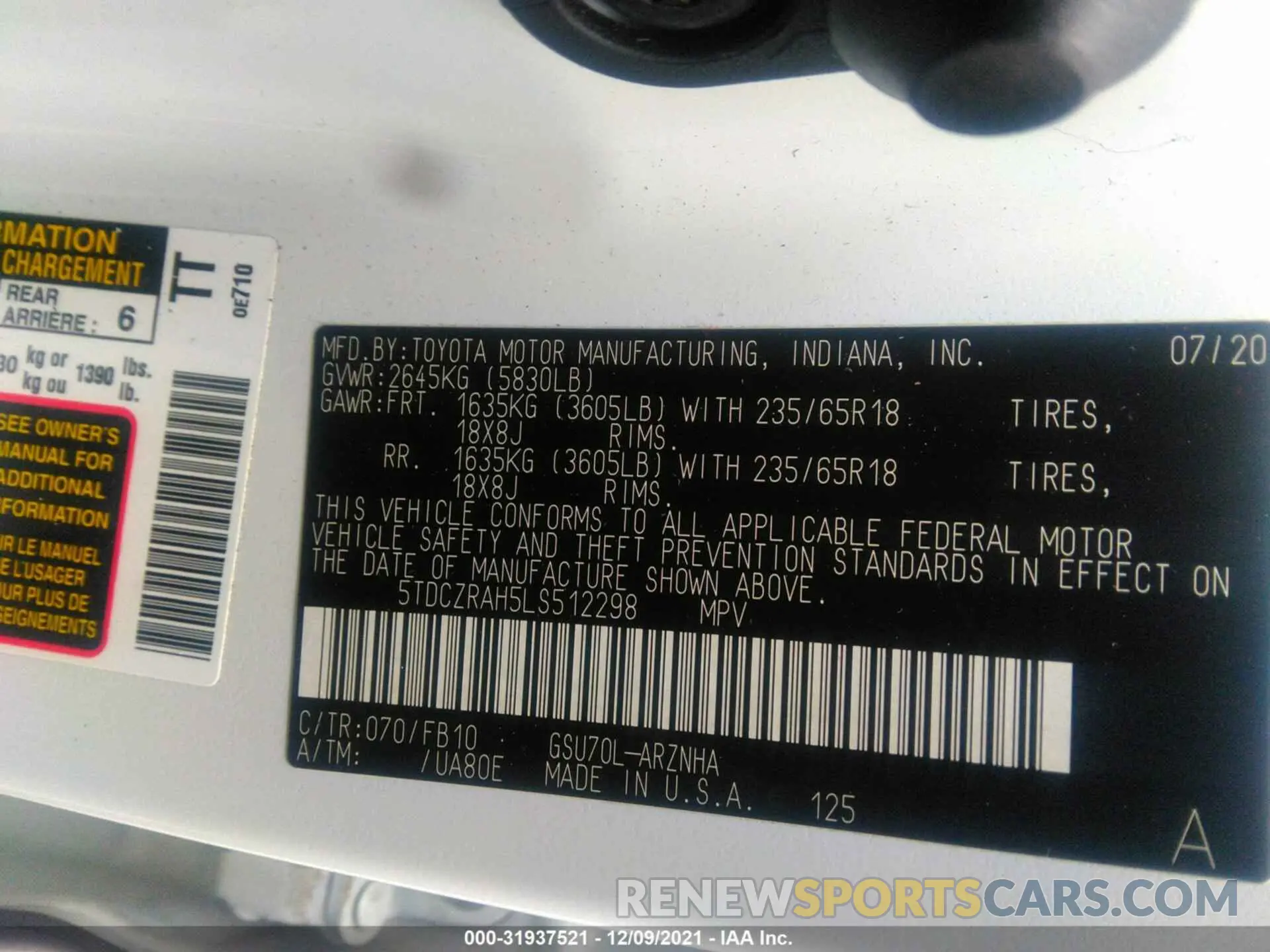 9 fotografías del automóvil dañado 5TDCZRAH5LS512298 TOYOTA HIGHLANDER 2020