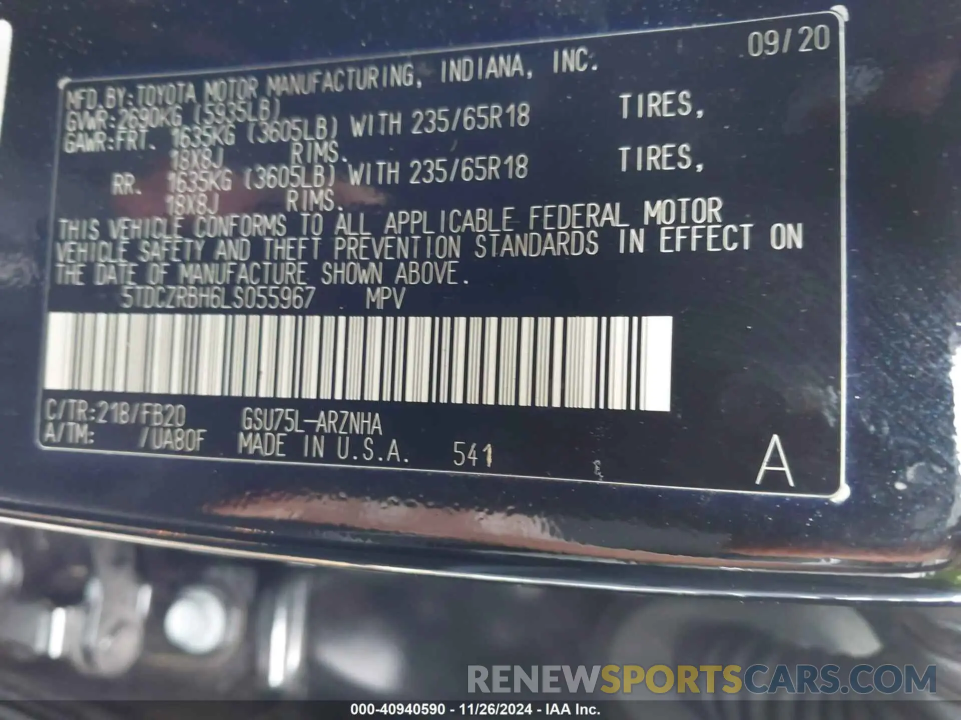 9 fotografías del automóvil dañado 5TDCZRBH6LS055967 TOYOTA HIGHLANDER 2020