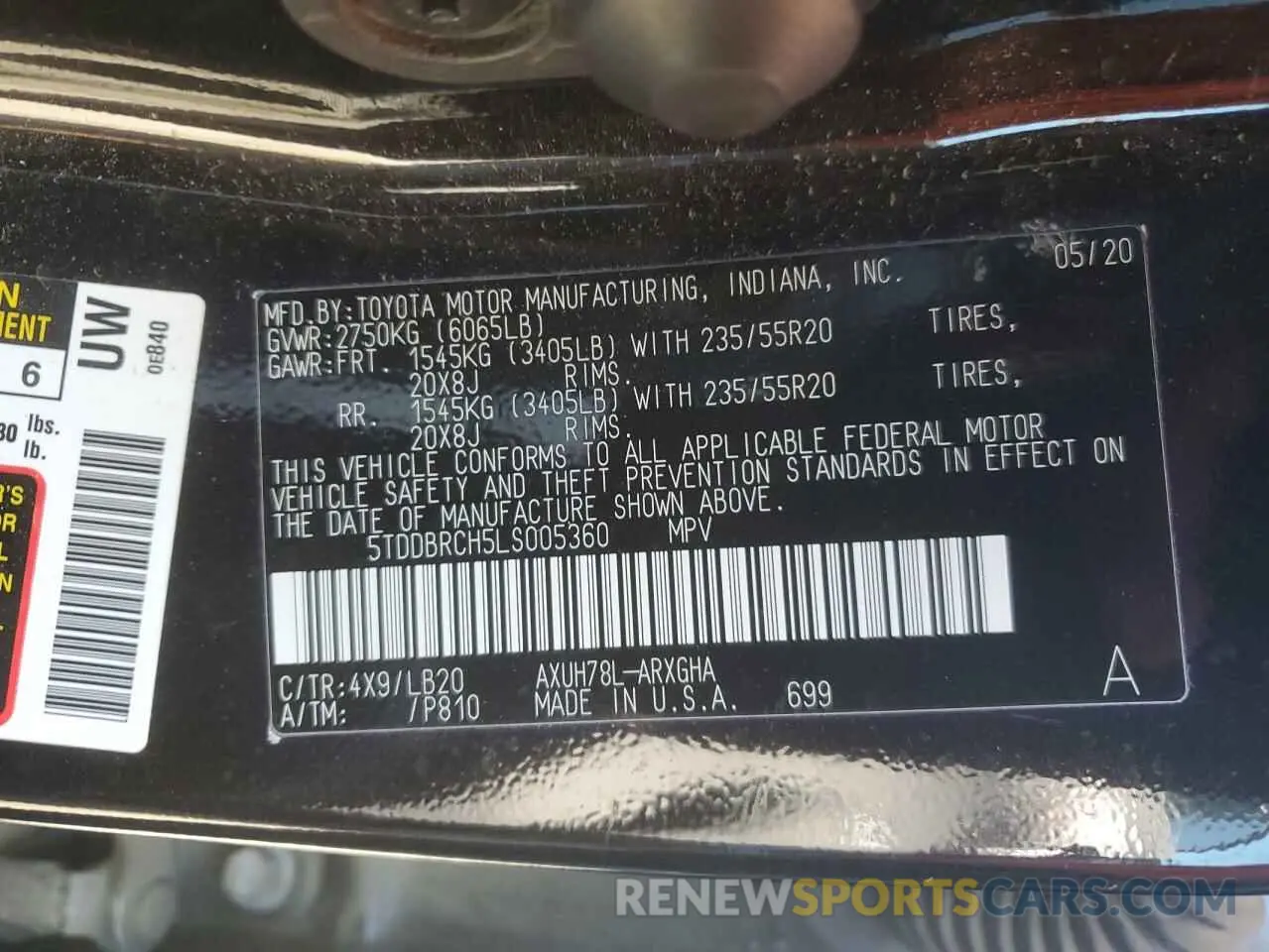 13 fotografías del automóvil dañado 5TDDBRCH5LS005360 TOYOTA HIGHLANDER 2020