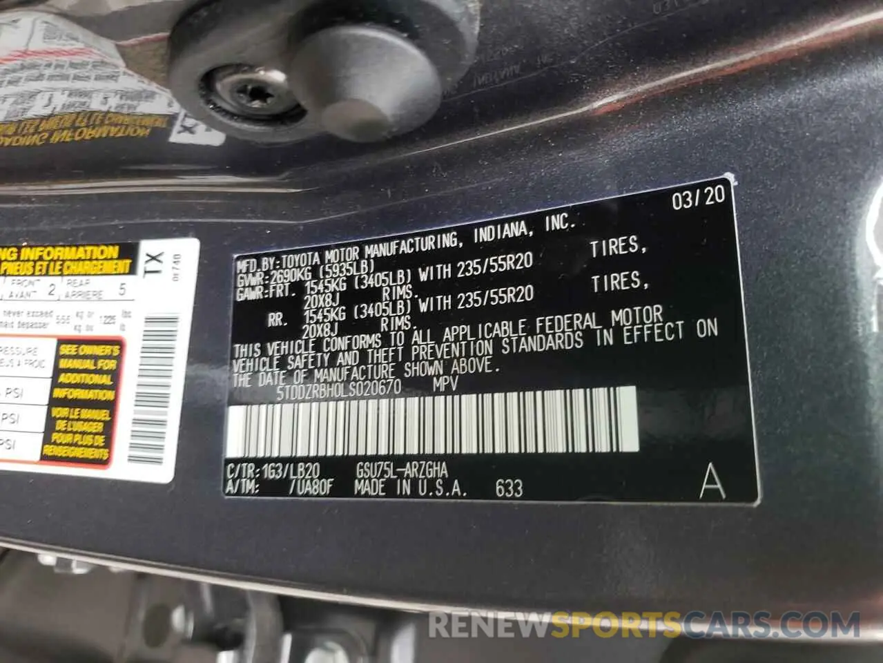 10 fotografías del automóvil dañado 5TDDZRBH0LS020670 TOYOTA HIGHLANDER 2020