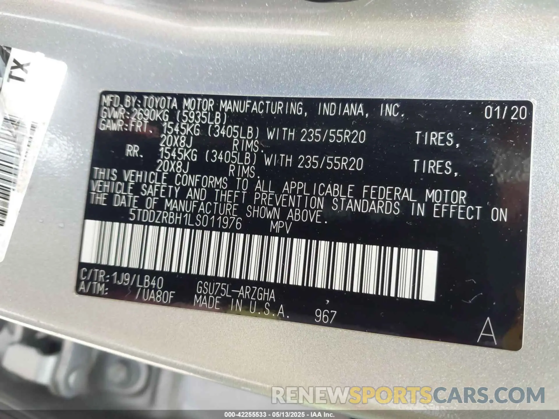9 fotografías del automóvil dañado 5TDDZRBH1LS011976 TOYOTA HIGHLANDER 2020
