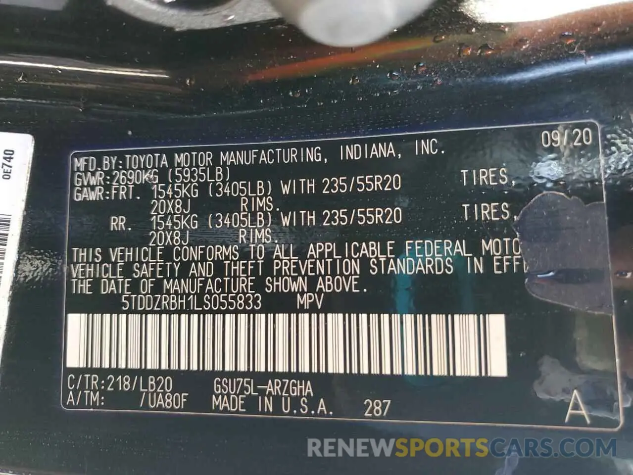 14 fotografías del automóvil dañado 5TDDZRBH1LS055833 TOYOTA HIGHLANDER 2020