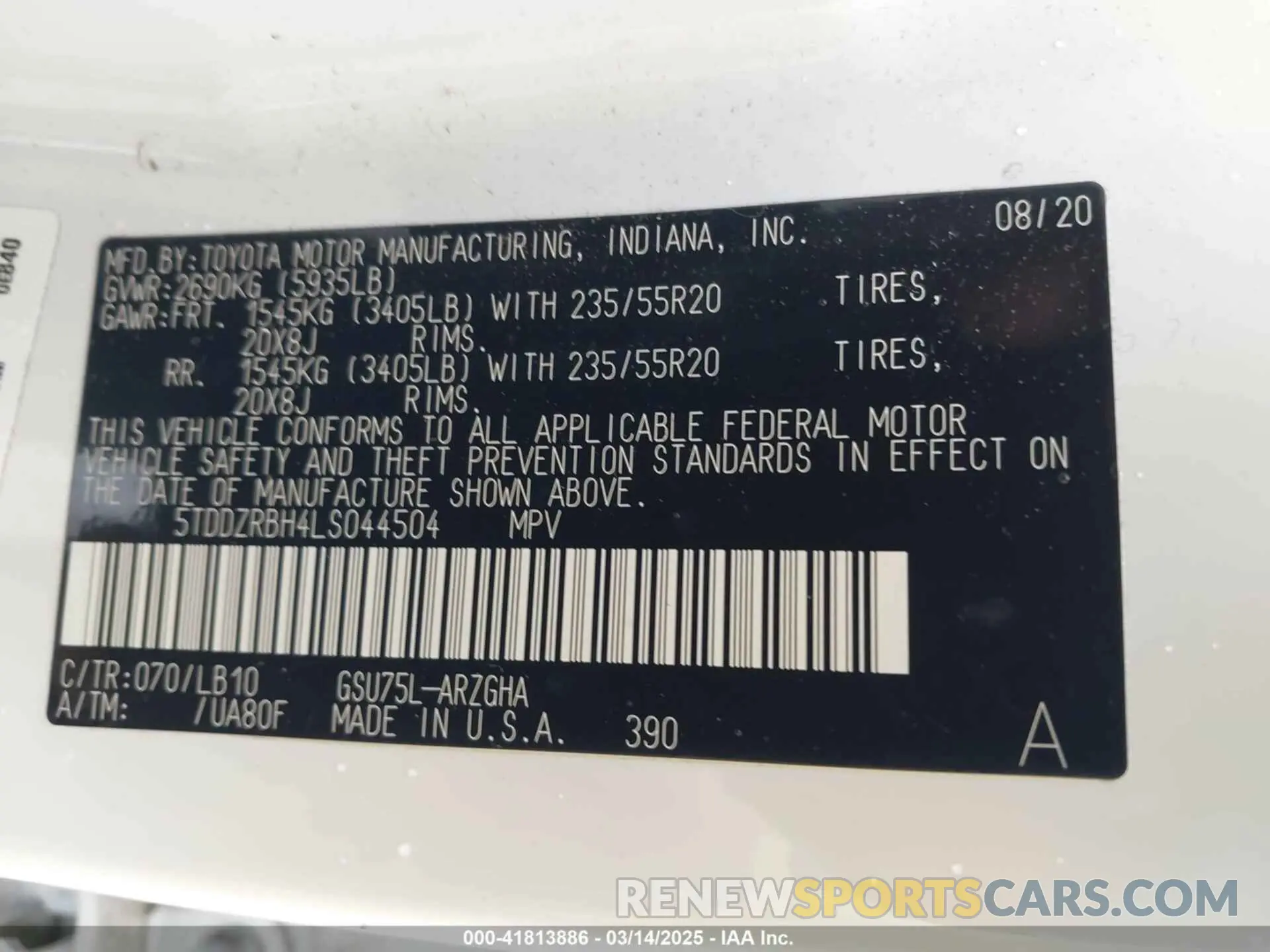 9 fotografías del automóvil dañado 5TDDZRBH4LS044504 TOYOTA HIGHLANDER 2020
