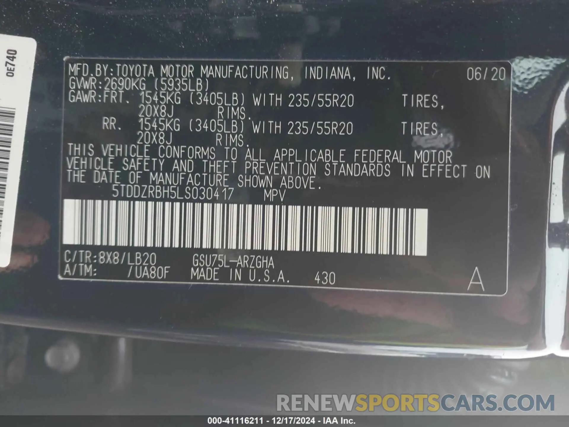 9 fotografías del automóvil dañado 5TDDZRBH5LS030417 TOYOTA HIGHLANDER 2020