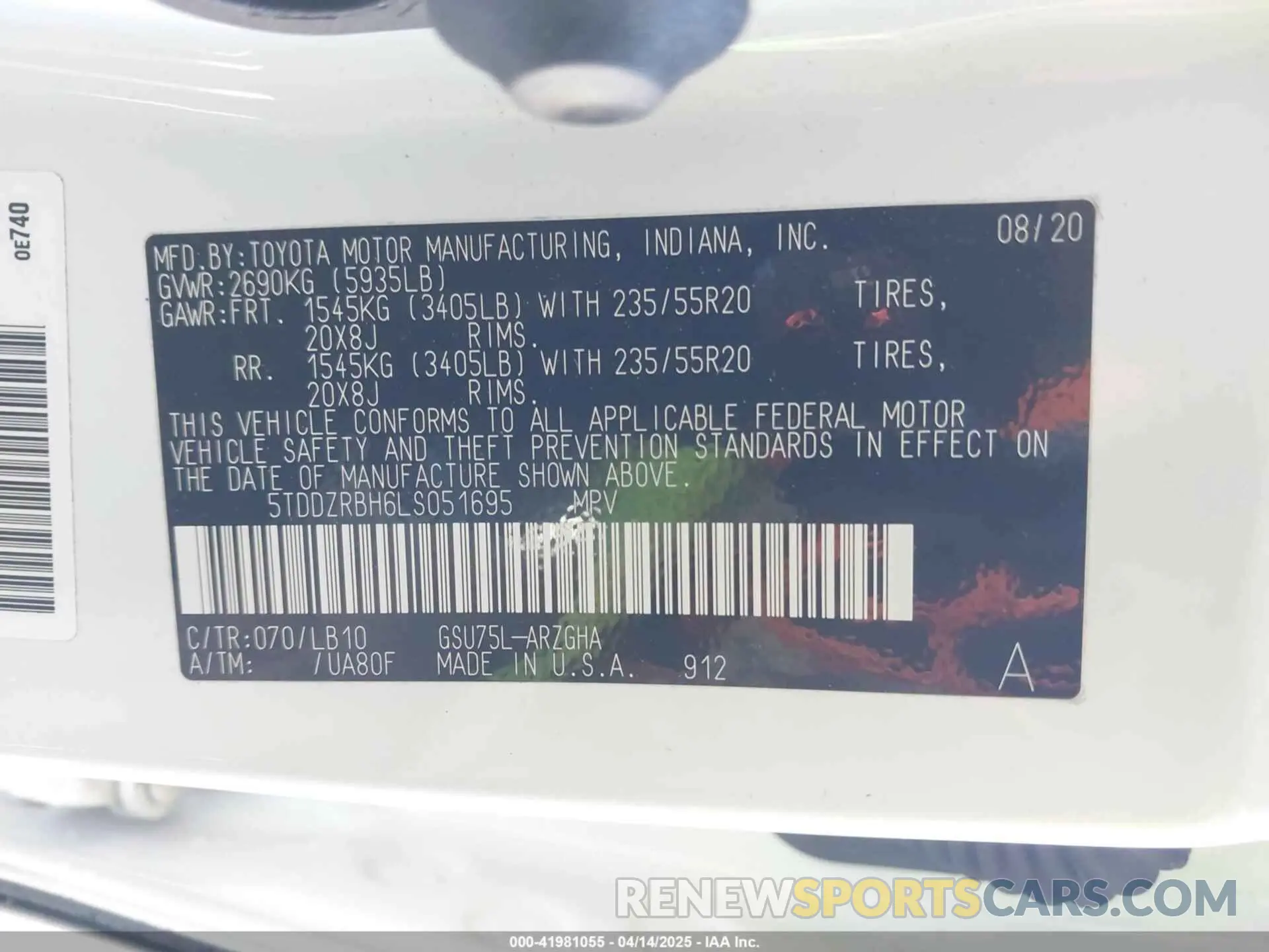 9 fotografías del automóvil dañado 5TDDZRBH6LS051695 TOYOTA HIGHLANDER 2020