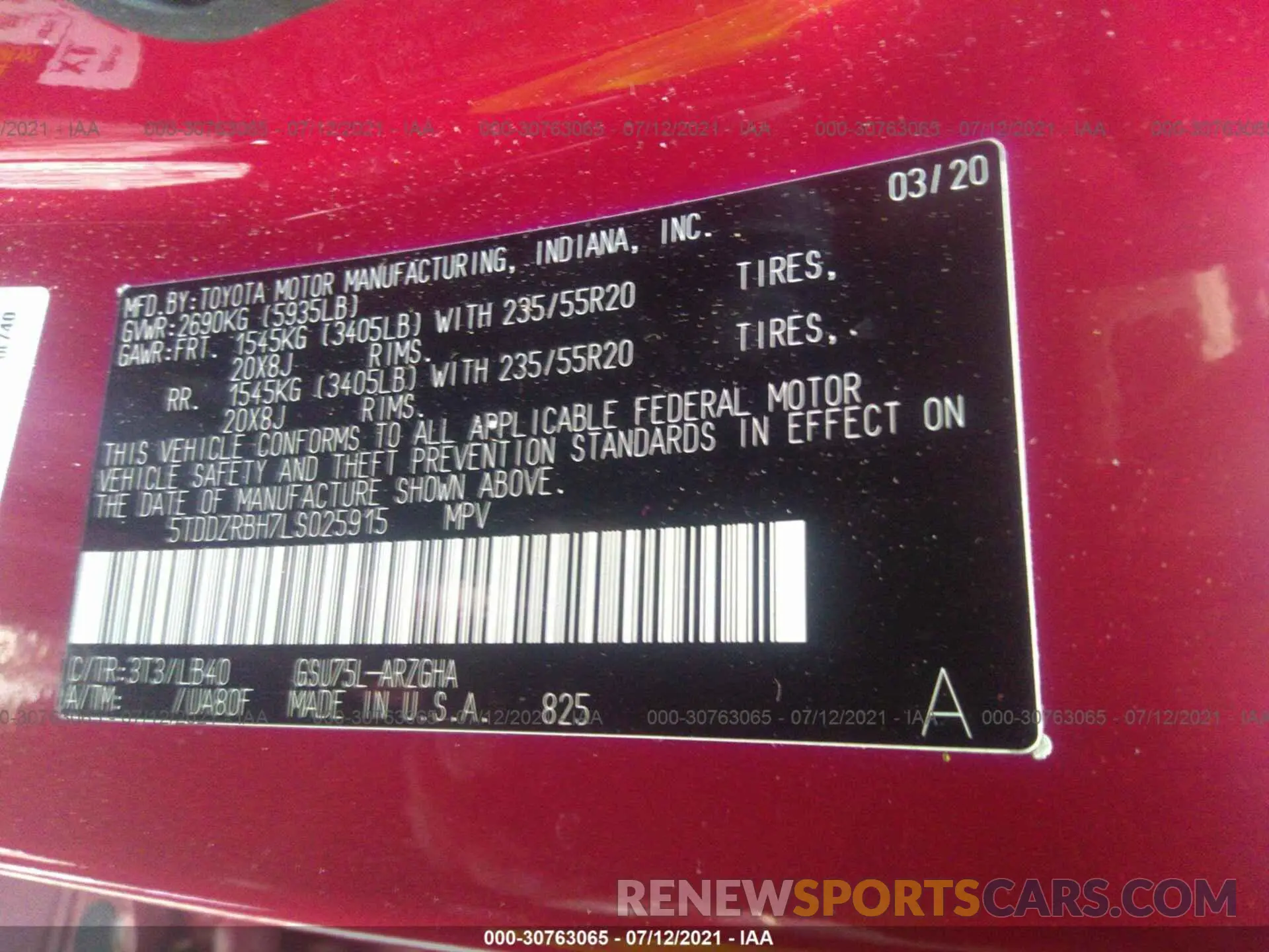 9 fotografías del automóvil dañado 5TDDZRBH7LS025915 TOYOTA HIGHLANDER 2020