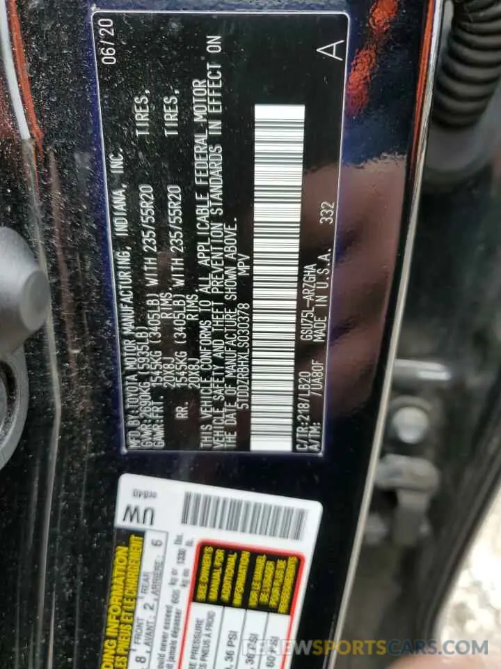 13 fotografías del automóvil dañado 5TDDZRBHXLS030378 TOYOTA HIGHLANDER 2020