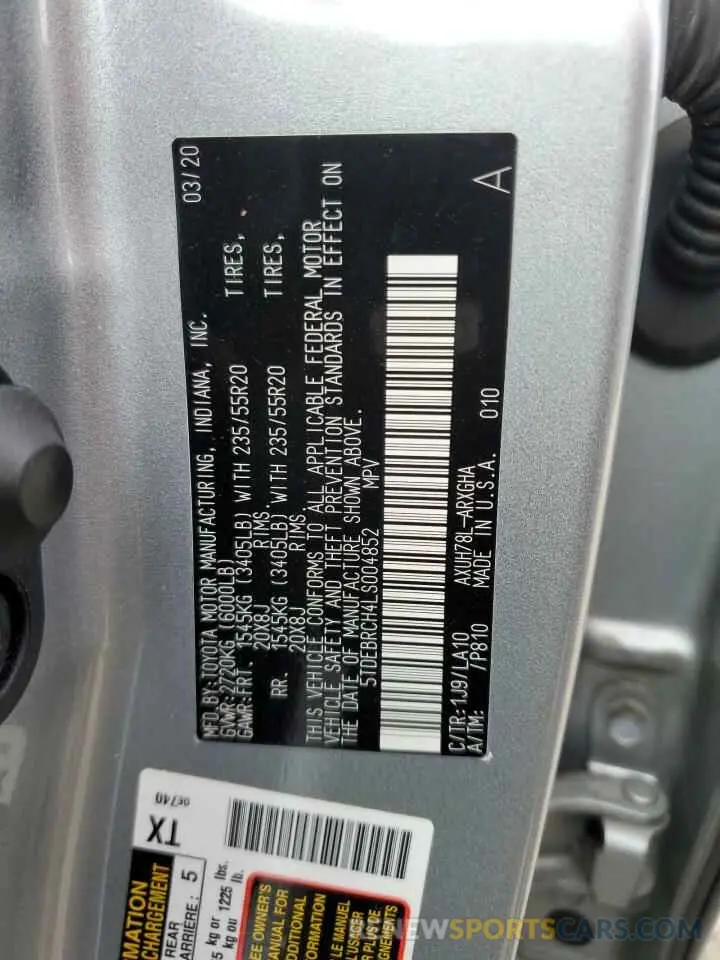 13 fotografías del automóvil dañado 5TDEBRCH4LS004852 TOYOTA HIGHLANDER 2020