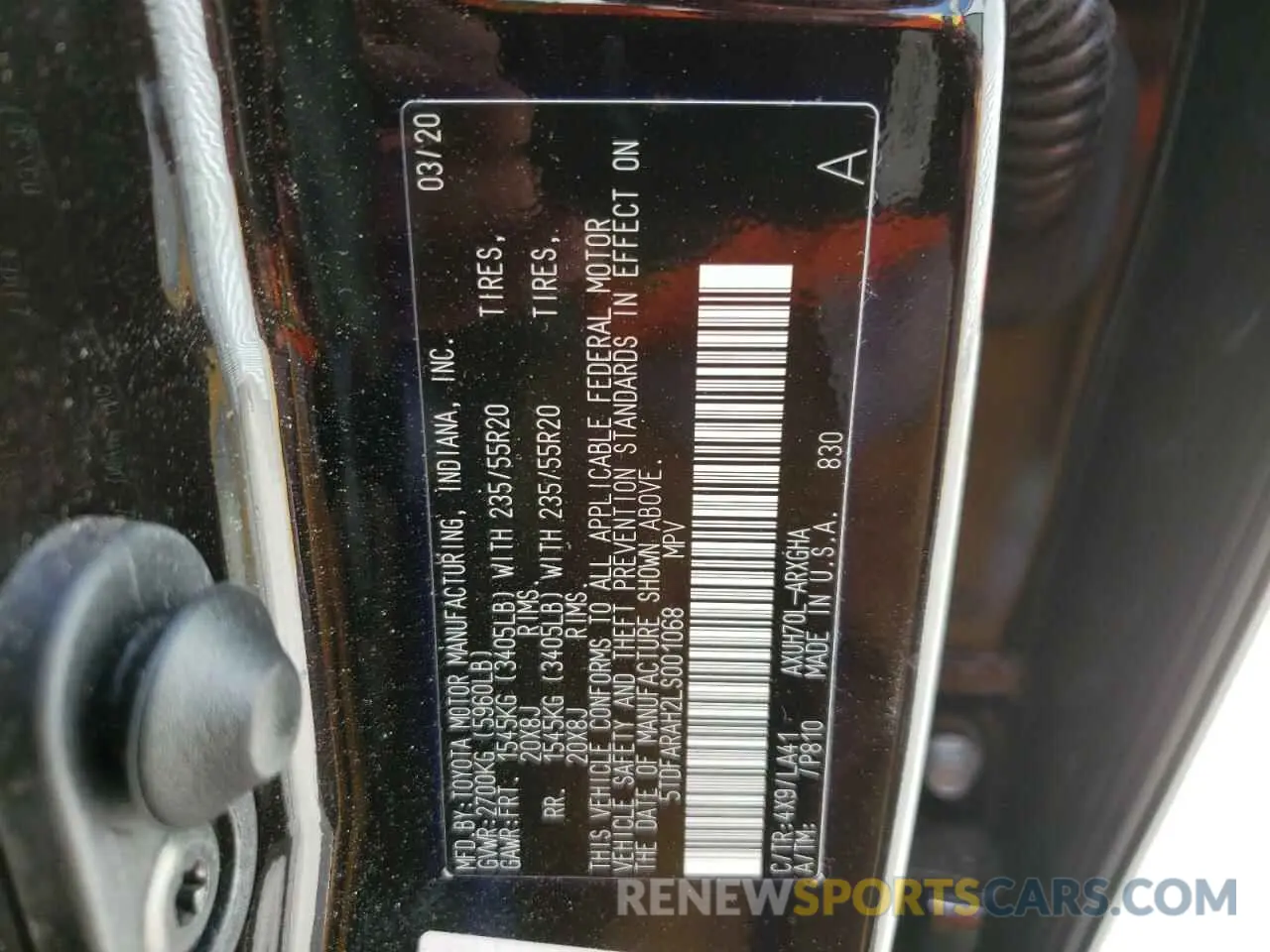 10 fotografías del automóvil dañado 5TDFARAH2LS001068 TOYOTA HIGHLANDER 2020