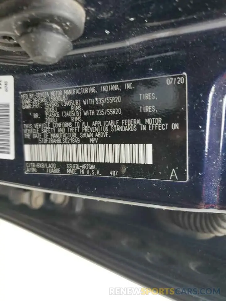 14 fotografías del automóvil dañado 5TDFZRAH8LS021849 TOYOTA HIGHLANDER 2020